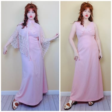 1970s Vintage Pink Poly Knit Dress With Matching Cape / 70s / Seventies Chiffon Lace Trim Sheer Cape and Maxi / Large 