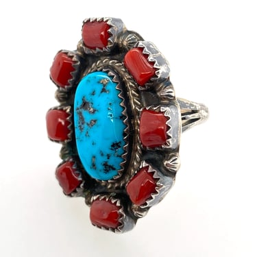 Vintage Artisan Navajo Turquoise Deep Coral & Sterling Silver Ring Sz 6.5 Signed 