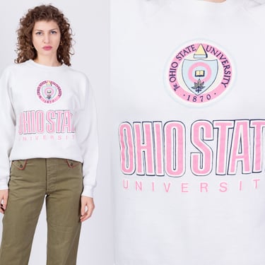 80s Ohio State University Sweatshirt - Large | Vintage White Raglan Sleeve Puffy Graphic Pullover 