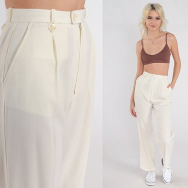 Off-White Pants 80s Pleated Trousers High Waisted Rise Straight Leg Pants Retro Creased Mom Summer Slacks Pockets Vintage 1980s 2xs xxs 23 