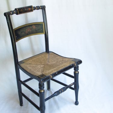 Hitchcock Chair Antique Rush Seat Chair Farmhouse Chair Accent Chair Black Gold Rose Motif Primitive Country Wooden Chair Woven Seat 