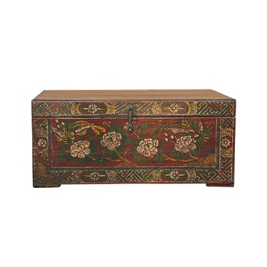 Chinese Vintage Distressed Red Brown Floral Theme Trunk Box Chest cs7433E 