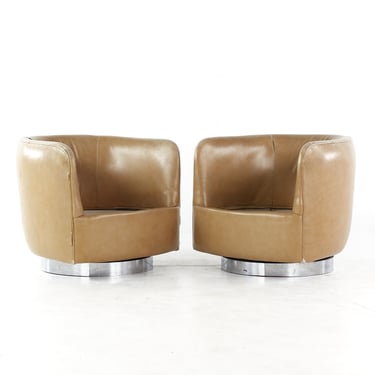 Milo Baughman for Thayer Coggin Mid Century Tilting Chrome Base Barrel Swivel Lounge Chairs - Pair - mcm 