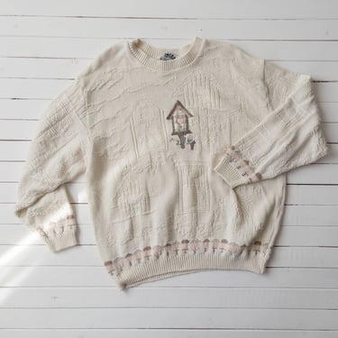 cute cottagecore sweater | 80s 90s plus size vintage white pink birdhouse novelty scenic embroidered knitted sweater 