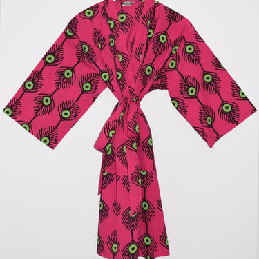 Block Print Cotton Kimono Robe, India Wood Block, Lightweight Cotton Bathrobe, Short Dressing Gown, Travel Robe, Peacock Print, Evil Eye 
