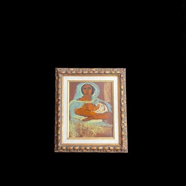 Vintage Original Oil on Board Painting by Artist: Carlos Lopez Ruiz  Mother and Child 14.5" x 12.5" Wood Frame 