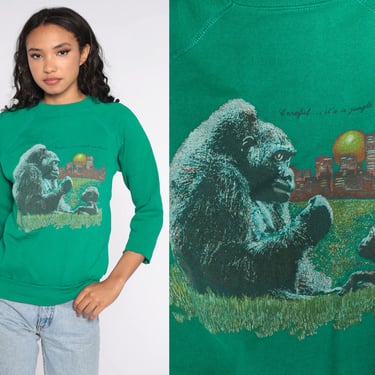 Gorilla Sweatshirt 80s Careful, It's A Jungle Out There Animal Sweatshirt Raglan Sleeve Jumper Slouchy Crewneck Vintage 1980s Green Medium 
