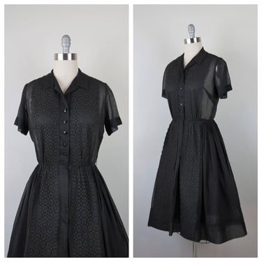 Vintage 1950s cotton shirtwaist dress, sheer, black, fit and flare, eyelet 