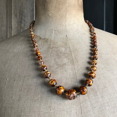 Fire Opal Glass Beaded Necklace, Handblown, Vintage, 22 inch, Graduated Bead Size, KH 