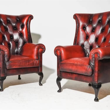Chairs, Red Leather, British, Chesterfield Wing Back, Button Tuft, Set of Two