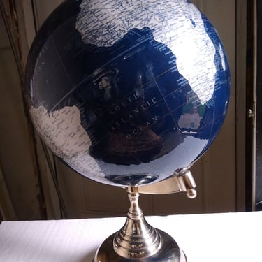 LARGE Blue World Globe, Blue and Silver Globe with stand, Home Decor 