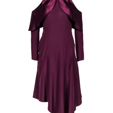 Parker - Wine Silk Asymmetrical Midi Dress w/ Long Sleeves & Cold Shoulder Sz 0
