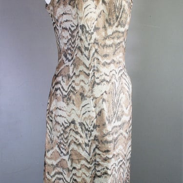 1950s, 1960s, Frisky Feline , Wiggle Dress - Gold Lame - Mink - Tiger - Fully Lined  - Estimated size 12/14 