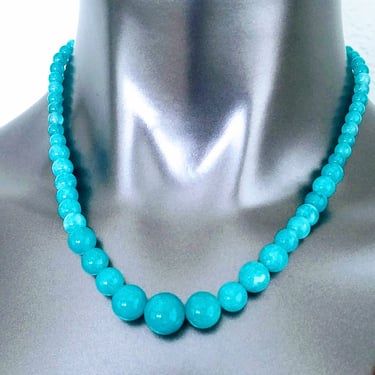 Blue Jade Necklace~Vintage Beaded Necklace~Graduated Round Dyed Jade beads~Blue Gemstone Jewelry~JewelsandMetals 