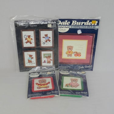 Lot of 4 Vintage Craft Kits - All are of Teddy Bears - Counted Cross Stitch - Dale Burdett, Janlynn - Sealed 