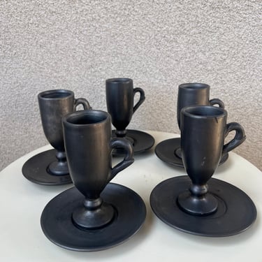 Vintage espresso Cup Sauce Set 5 Oaxaca Mexico Black Clay pottery Lama Western Airlines 