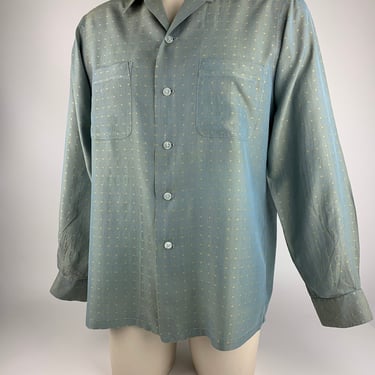 1950's - 60's SILK Shirt - Iridescent Bluish Green to Gunmetal Green - Long Sleeve  - Loop Collar - Patch Pockets - Men's Size Medium 