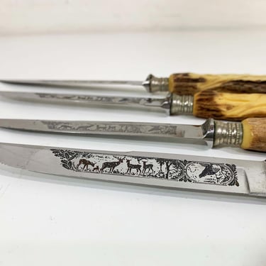 Vintage Set of 4 Steak Knives Mid-Century Stainless Steel Lublim Solingen Germany Steak Knife Carved Antler 1960s 