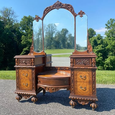 NEW - Rare Antique Vanity with Tiara Style Mirror with Glass Etchings, 1930s Bedroom Furniture, Vintage Dressing Table 