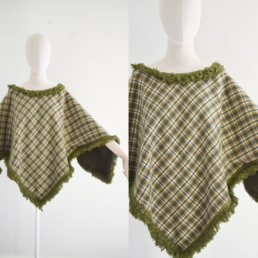 1960s/70s Green Plaid Wool and Fleece Fringed Poncho 
