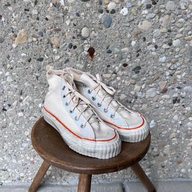 Kid Vintage Off White Canvas HI Top Sneakers | 60s Tennies USA MADE | Orange stripe 