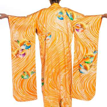 1960S Hand Embroidered Japanese Silk In Orange With Birds  Kimono 