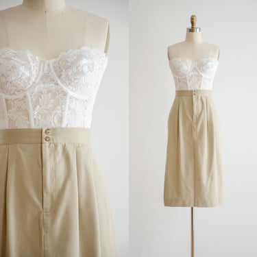 tan midi skirt | 80s 90s vintage light brown khaki cotton skirt 