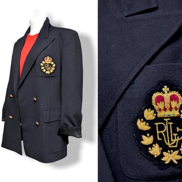 Vintage Lauren Ralph Lauren Blazers with Logo Crest Navy Blue Wool Double Breasted Preppy Blazer 6/8 