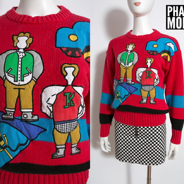 Kitschy Cute Vintage 80s 90s Red People Appliqué Sweater 
