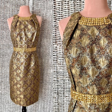 Metallic Brocade Cocktail Dress, Chunky Rhinestones, Sheath, Carmen Marc Valvo, Vintage 90s 00s 