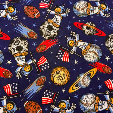 Vintage 70s Kid's fabric • Smiley Happy face pace Man • Outer Space Planets + Sports Balls • Patriotic American Flag • MCM Mod Material • 