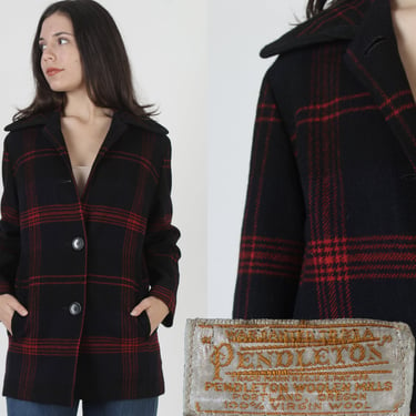 Vintage 50s Pendleton Hunting Jacket / Black Shadow Plaid Mackinaw Coat / Tartan Plaid Wool Coat Mens 