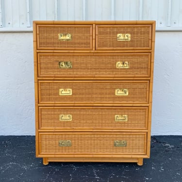 Vintage Bamboo & Rattan Tallboy Dresser Chest with 6 Drawers - Hollywood Regency Palm Beach Coastal Natural Furniture 