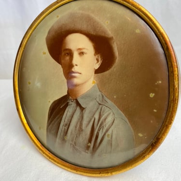 Antique celluloid large button photo framed stand 1800’s-1900’s farm boy historical portrait Columbia medallion studios 