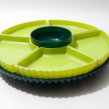 Vintage Lazy Susan Relish Tray, Crudités, Lime Green, Forest Green, All Glass, 1960s 