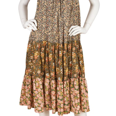 Young Edwardian by Arpeja 1970s Vintage Brown Floral Cotton Cross-Back Tent Dress Sz XS 