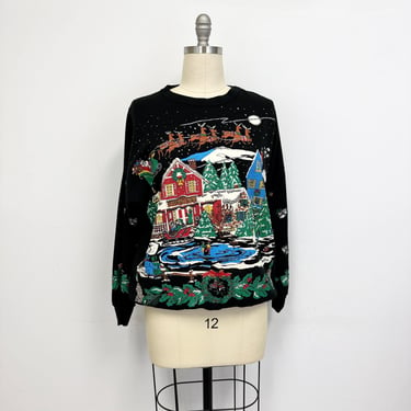 Vintage Christmas Sweatshirt | 90s Puff Paint Holiday Scene with Santa and Snowman | Size Large 