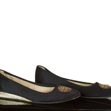 1950s Shoes ~ Chinese Medallion for Long Life Black Satin Gold Wedge Slippers O'Omphies 