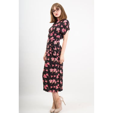 Vintage dark floral dress / Rose print / 1980s does 1940s pleated peplum S M 