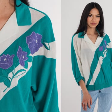 80s Floral Shirt White Green Slouchy Collared 3/4 Dolman Sleeve Banded Hem Top Purple Flower Print Color Block Blouse Vintage 1980s Large L 