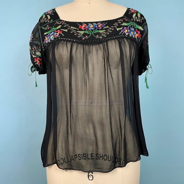 Vintage Embroidered Rayon Sheer Peasant Top Blouse 