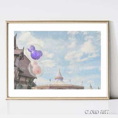 Magic Kingdom Carousel Mouse Balloons Blue Sky Clouds Pink Purple Wall Art Girls Bedroom Baby Nursery Home Decor Hanging Fantasy Merry Go by CloudArt