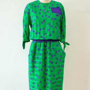 Vintage 1980s AKRIS Green & Purple Polka Dot Dress M