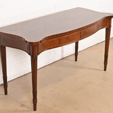 Arthur Brett & Sons English Regency Louis XVI Banded Mahogany Serpentine Sideboard Buffet or Console Table, Newly Refinished