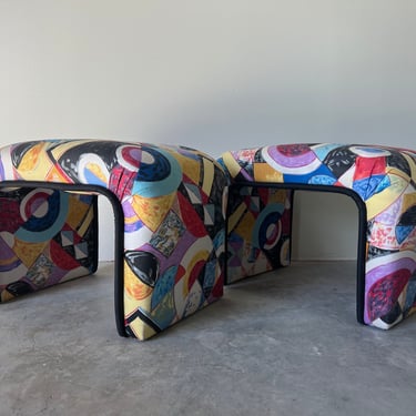 Postmodern Abstract Pattern Upholstered Waterfall Benches - a Pair 