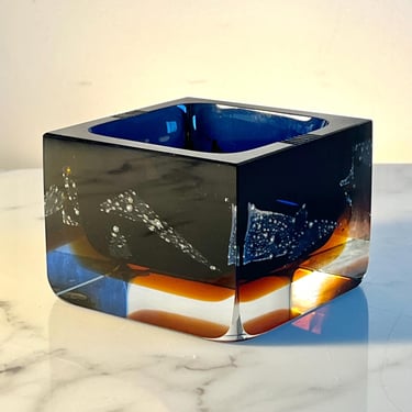 Art Glass ashtray by Pavel Hlava in deep blue, deep amber and a controlled pattern design 