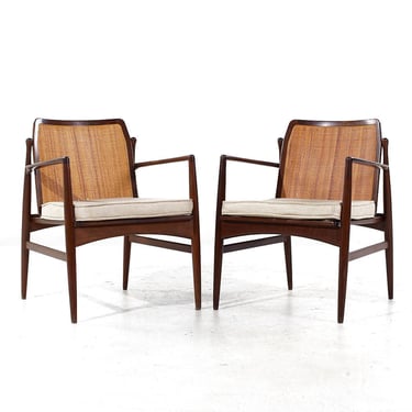 Kofod Larsen for Selig Mid Century Walnut and Cane Lounge Chairs - Pair - mcm 