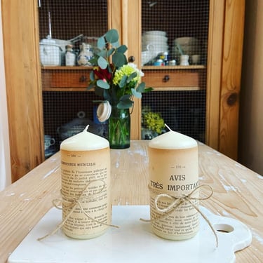 Beautiful set of 2 tall vegan wax candles embellished with French vintage papers from story book 