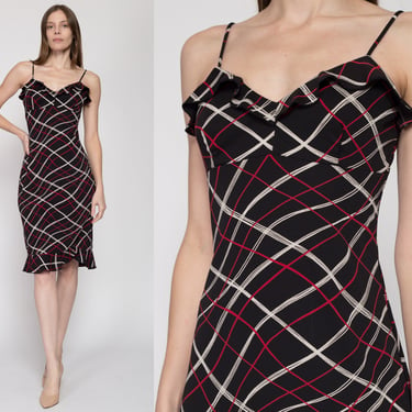 Sm-Med 90s Peppermint Bark Party Dress | Vintage Black Red Geometric Ruffle Trim Knee Length Midi Sundress 