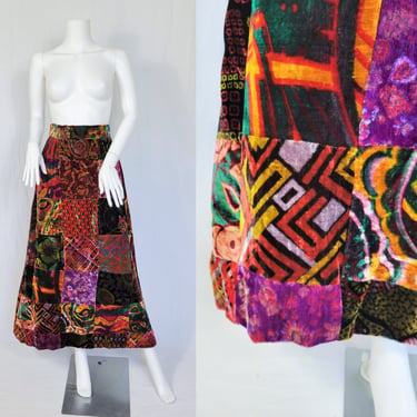 1970's Deep Purple Rayon Velvet Patchwork Long Maxi Skirt I Sz Sm Vicky Vaughn 